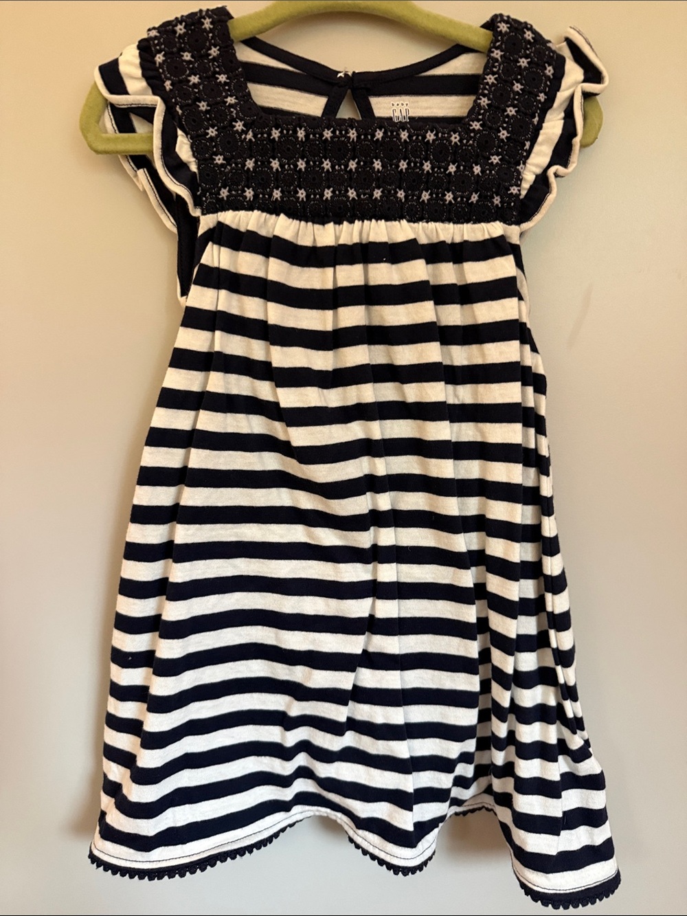 GAP Navy and White Striped Smocked Flutter-Sleeve Dress